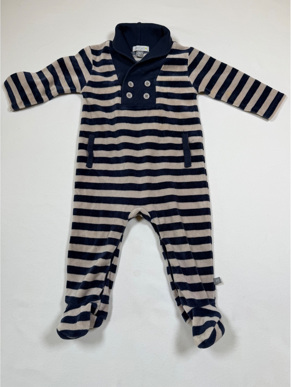 Petit Lem Baby One-Piece Navy and Cream Striped Footed Pajamas 9M
